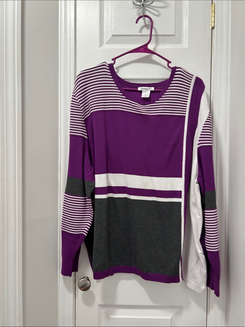 Simplicity Purple, White & Gray Striped Crewneck Sweater